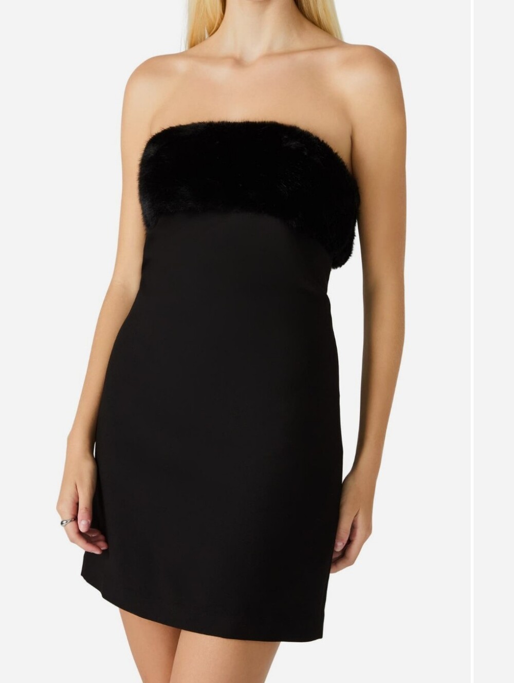 Steve Madden Size 12 Aster Black Faux Fur Trim Strapless Minidress Msrp $134